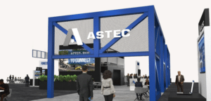 3D render of people walking around Astec's booth at ConExpo