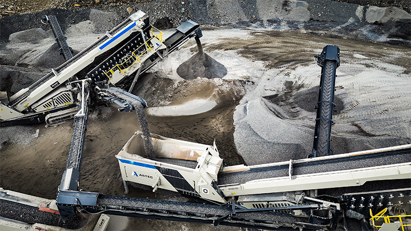 Aggregate equipment at quarry in Scotland, overhead view