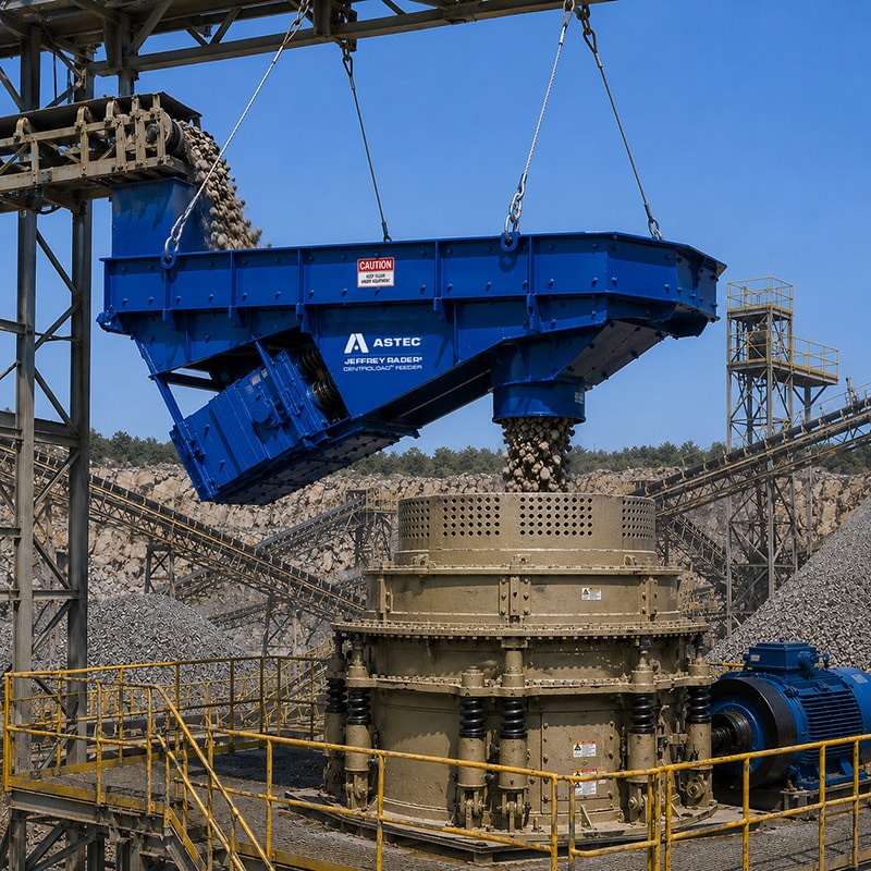 Jeffrey Rader CentroLoad feeder in the field loading a cone crusher
