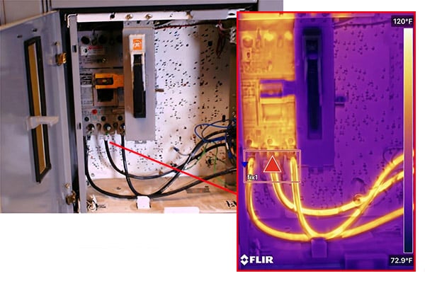 electrical box with overlay of example thermal imaging result